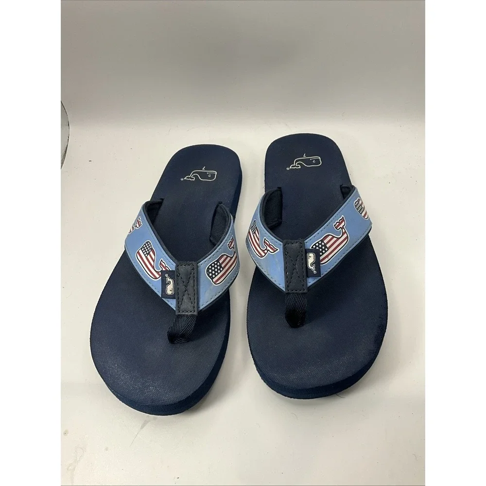Vineyard Vines Men's Flip Flops Sandals Size 7 Navy Blue USA Flag Whale Logo